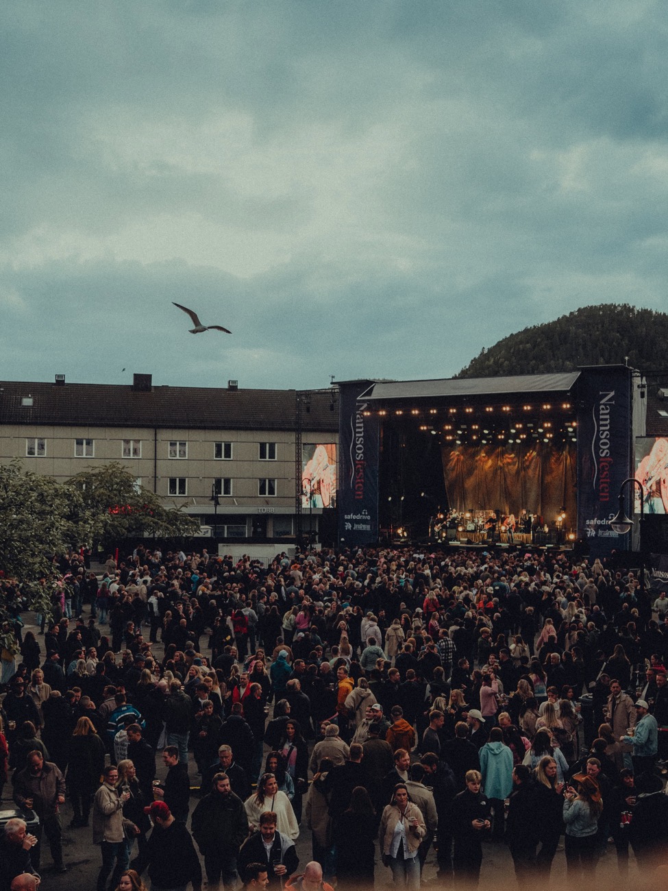 Full Festplass foran Namsosfesten-scenen, med fjellet og en måke i kveldshimmelen